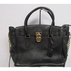 Michael Kors MK Hamilton Satchel Tote Leather Bag Black w/ Silver Lock Chiccore